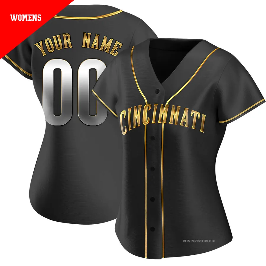 Cincinnati Reds ＃00 Custom Women's Gold Replica Black en Alternate Jersey