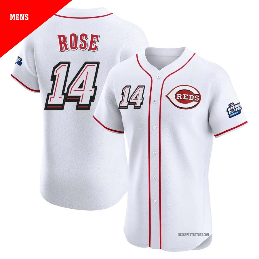 Cincinnati Reds ＃14 Pete Rose Men's White Elite 2025 Speedway Classic Alternate Jersey