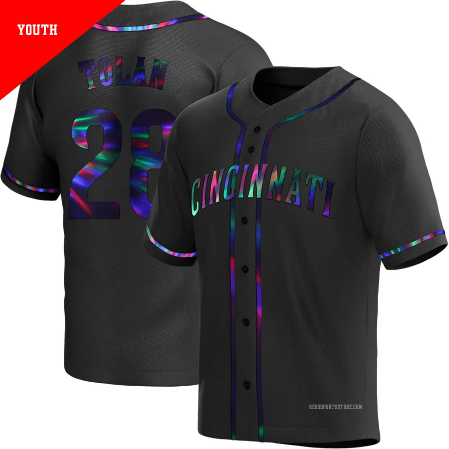 Cincinnati Reds ＃28 Bobby Tolan Youth Black Replica Holographic Alternate Jersey