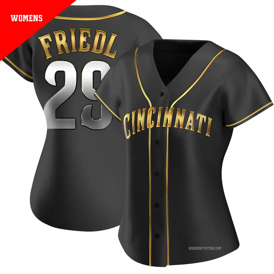 Cincinnati Reds ＃29 TJ Friedl Women's Gold Replica Black en Alternate Jersey