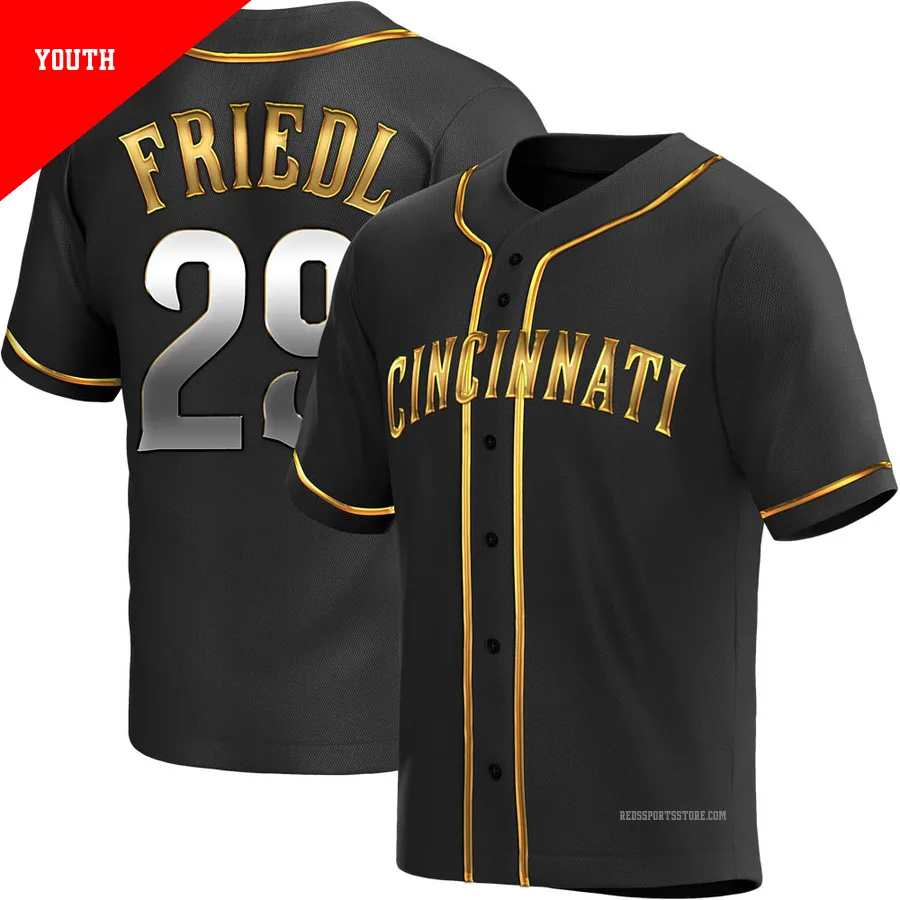 Cincinnati Reds ＃29 TJ Friedl Youth Gold Replica Black en Alternate Jersey