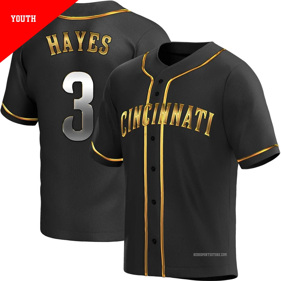 Cincinnati Reds ＃3 Ke'Bryan Hayes Youth Gold Replica Black en Alternate Jersey