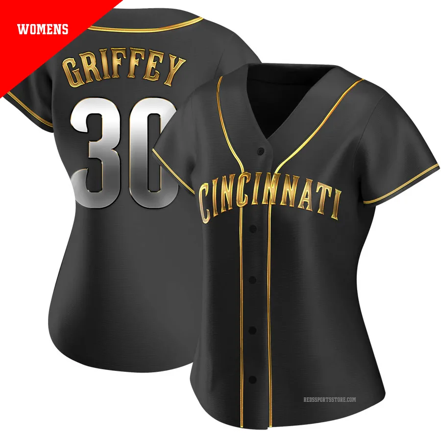 Cincinnati Reds ＃30 Ken Griffey Women's Gold Replica Black en Alternate Jersey