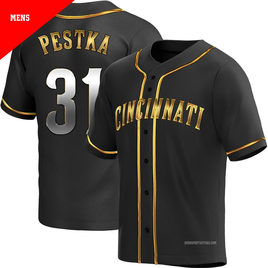 Cincinnati Reds ＃31 Drew Pestka Men's Gold Replica Black en Alternate Jersey