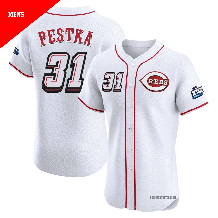 Cincinnati Reds ＃31 Drew Pestka Men's White Elite 2025 Speedway Classic Alternate Jersey