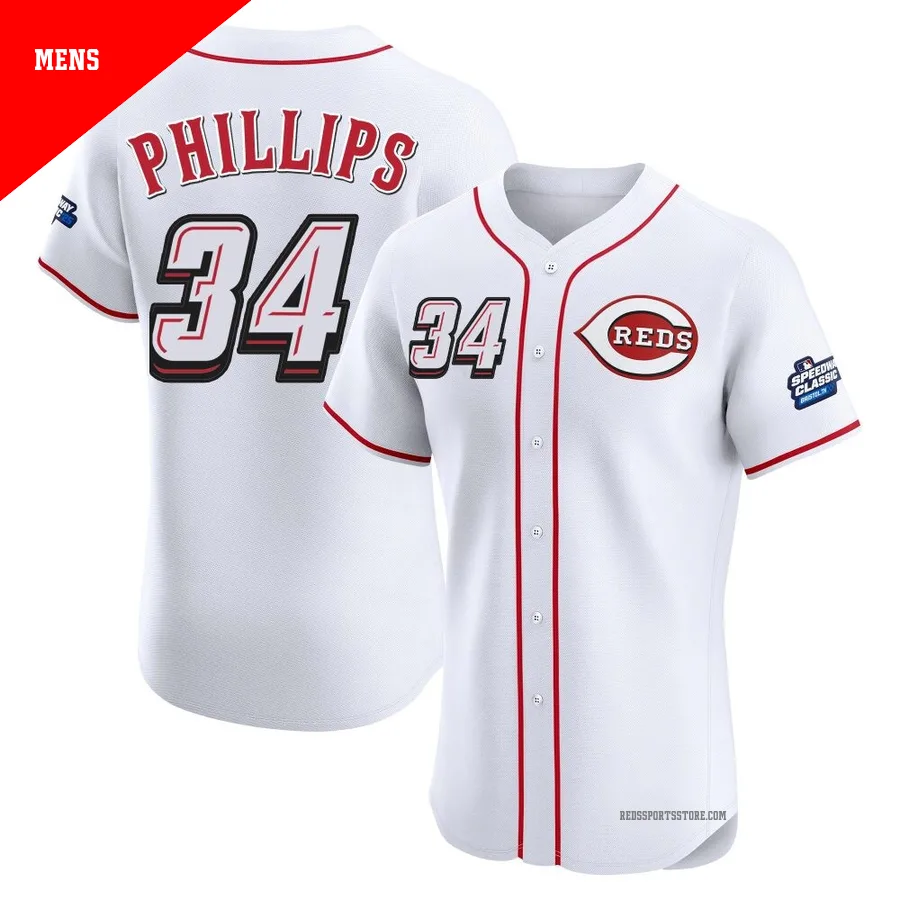 Cincinnati Reds ＃34 Connor Phillips Men's White Elite 2025 Speedway Classic Alternate Jersey