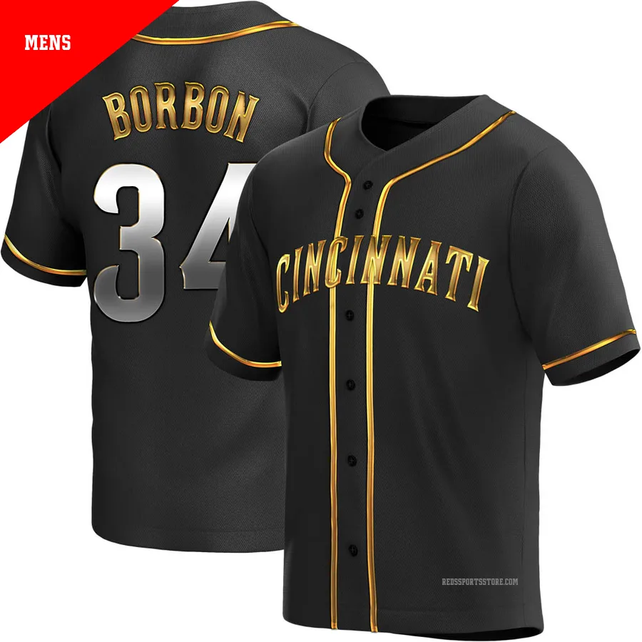 Cincinnati Reds ＃34 Pedro Borbon Men's Gold Replica Black en Alternate Jersey