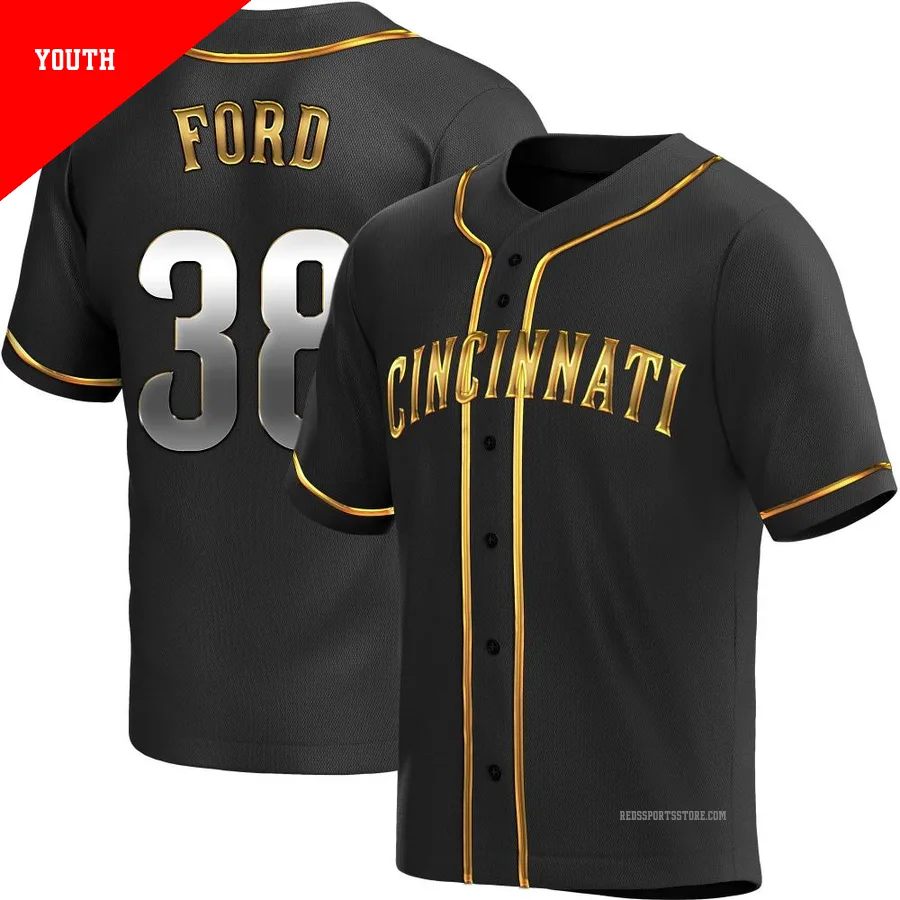 Cincinnati Reds ＃38 Mike Ford Youth Gold Replica Black en Alternate Jersey