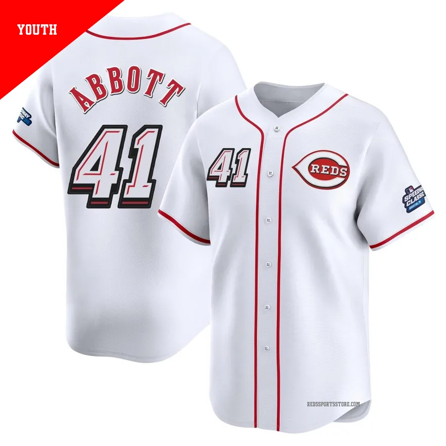 Cincinnati Reds ＃41 Andrew Abbott Youth White Limited 2025 Speedway Classic Alternate Jersey