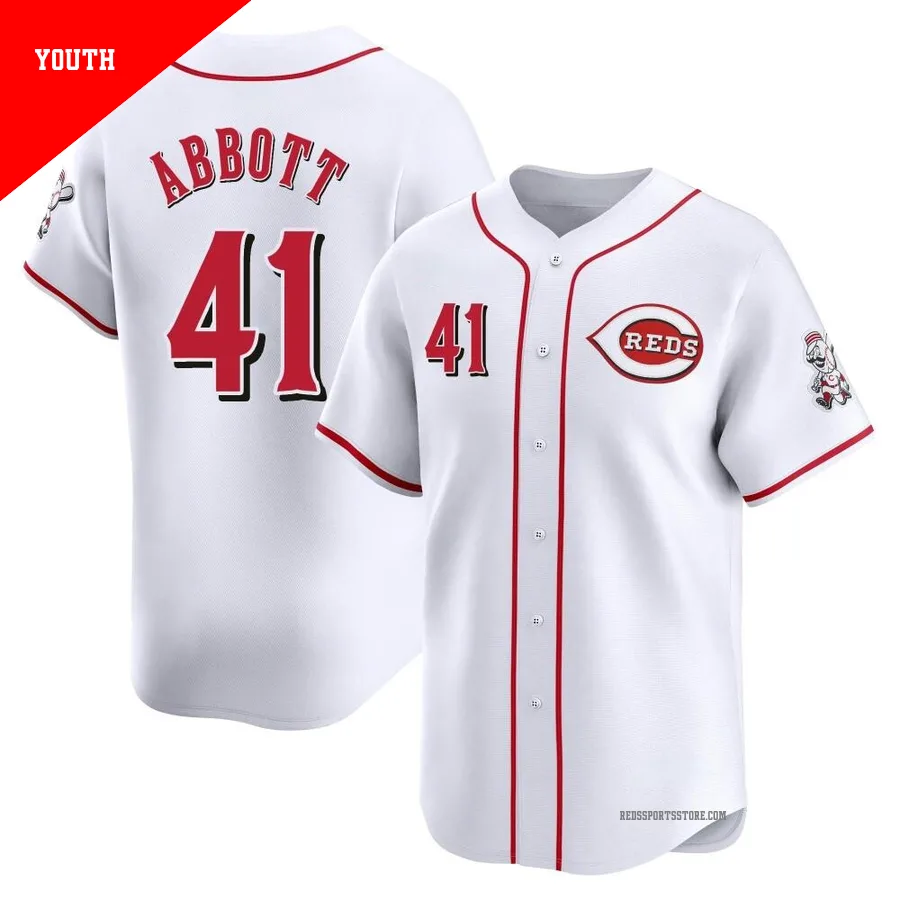 Cincinnati Reds ＃41 Andrew Abbott Youth White Limited Home Jersey