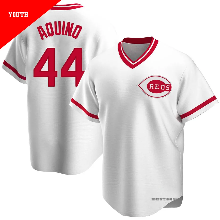 Cincinnati Reds ＃44 Aristides Aquino Youth White Replica Home Cooperstown Collection Jersey