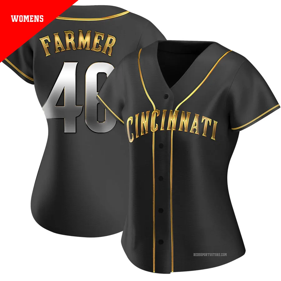 Cincinnati Reds ＃46 Buck Farmer Women's Gold Replica Black en Alternate Jersey