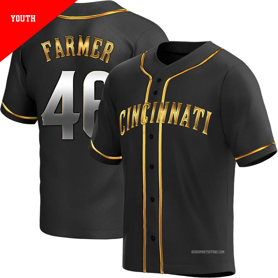 Cincinnati Reds ＃46 Buck Farmer Youth Gold Replica Black en Alternate Jersey