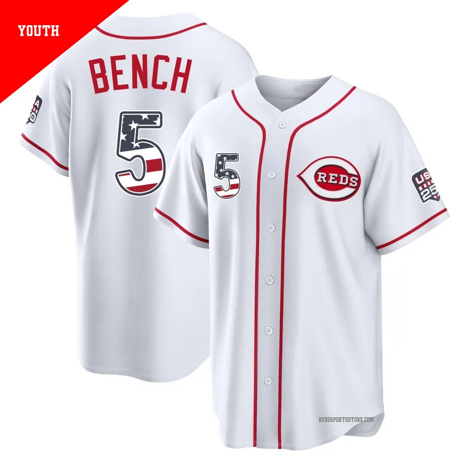 Cincinnati Reds ＃5 Johnny Bench Youth White Limited USA 250 Fourth Of July Home Stadium Jersey