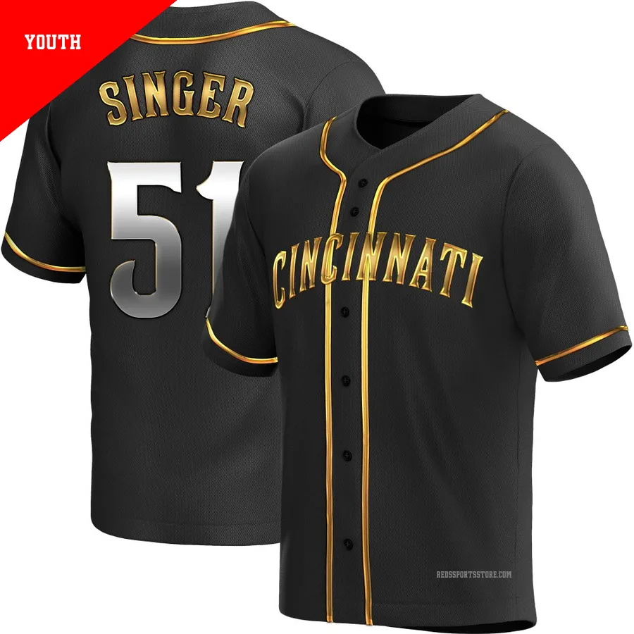 Cincinnati Reds ＃51 Brady Singer Youth Gold Replica Black en Alternate Jersey