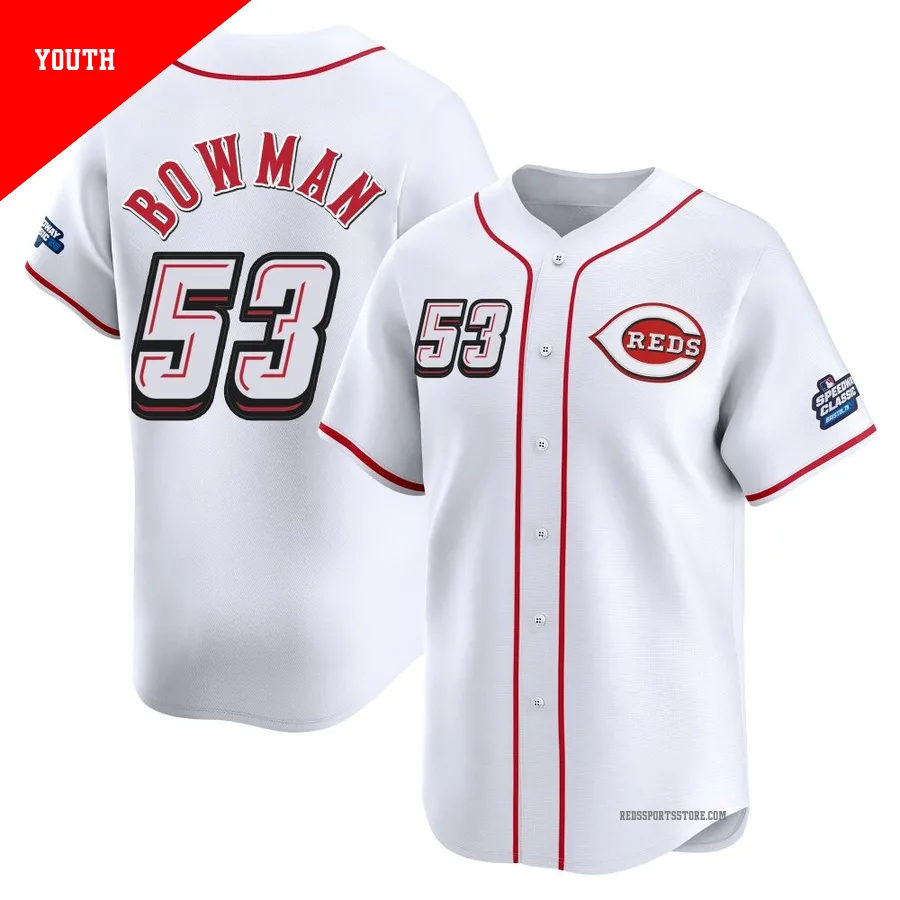 Cincinnati Reds ＃53 Cooper Bowman Youth White Limited 2025 Speedway Classic Alternate Jersey