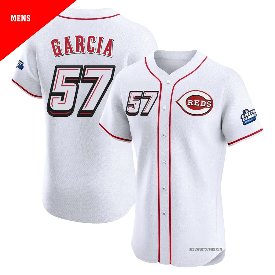 Cincinnati Reds ＃57 Julian Garcia Men's White Elite 2025 Speedway Classic Alternate Jersey