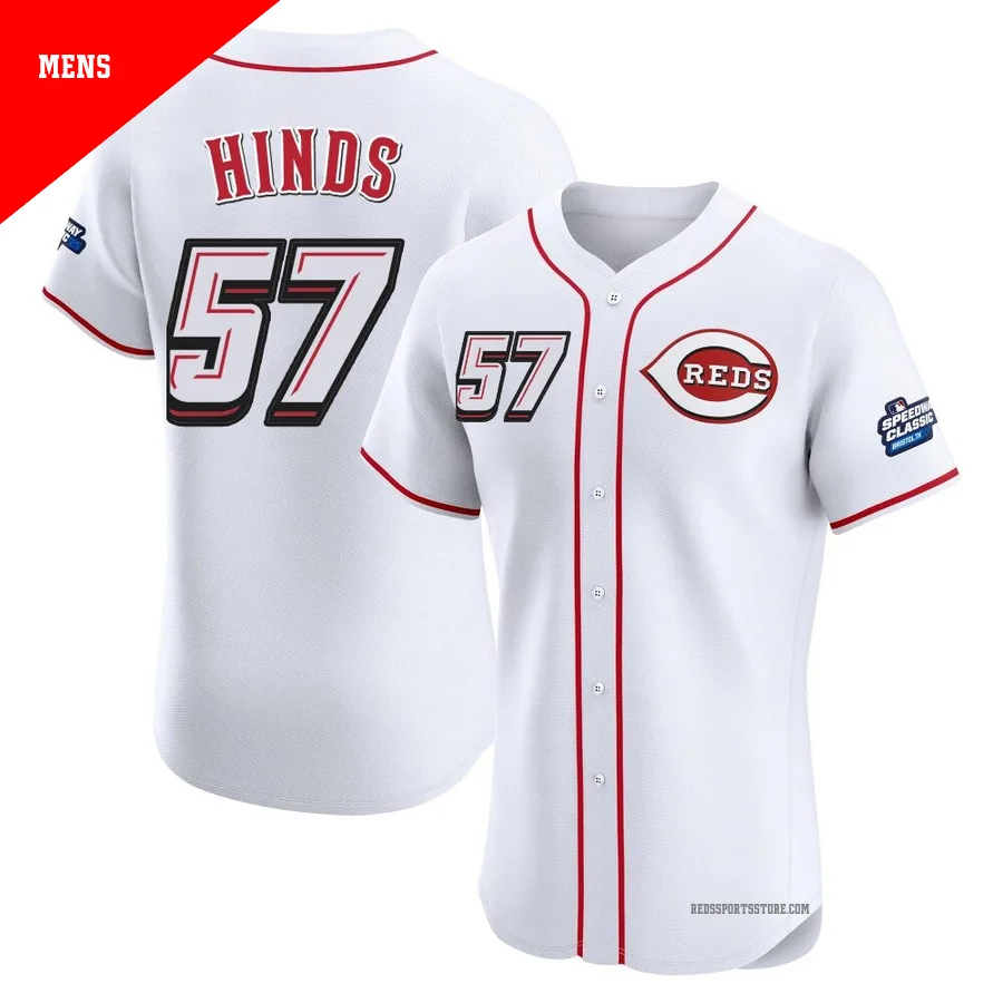 Cincinnati Reds ＃57 Rece Hinds Men's White Elite 2025 Speedway Classic Alternate Jersey