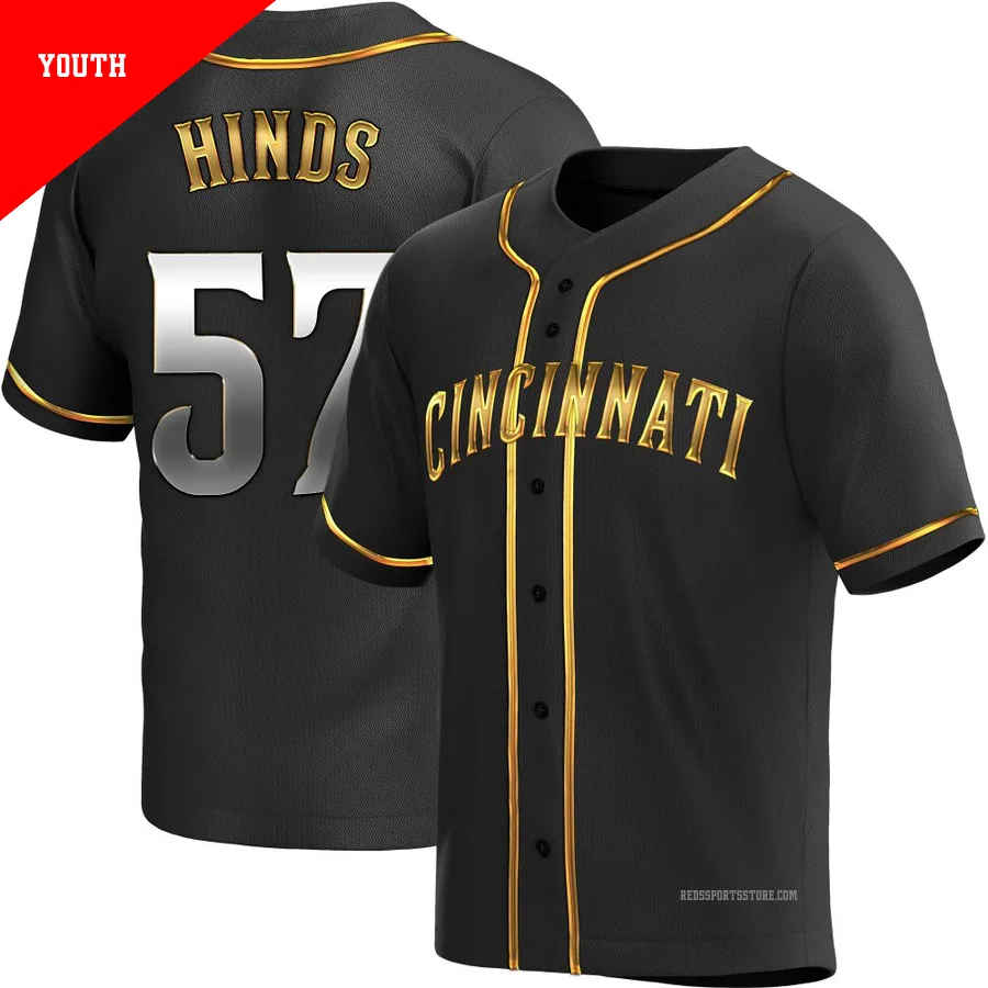 Cincinnati Reds ＃57 Rece Hinds Youth Gold Replica Black en Alternate Jersey