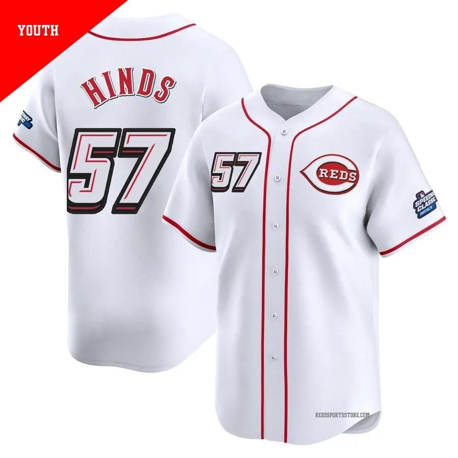 Cincinnati Reds ＃57 Rece Hinds Youth White Limited 2025 Speedway Classic Alternate Jersey