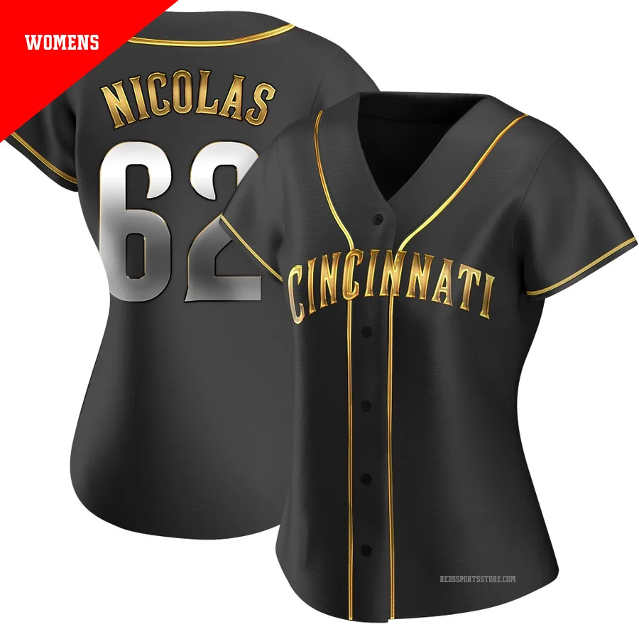 Cincinnati Reds ＃62 Kyle Nicolas Women's Gold Replica Black en Alternate Jersey