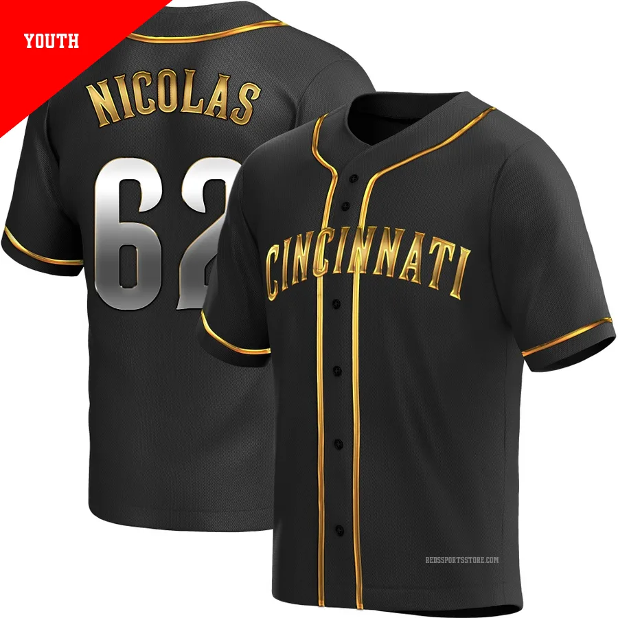 Cincinnati Reds ＃62 Kyle Nicolas Youth Gold Replica Black en Alternate Jersey