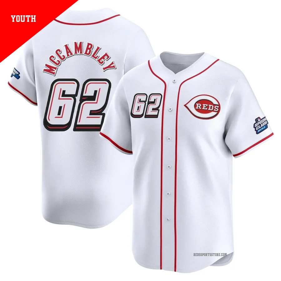 Cincinnati Reds ＃62 Zachary McCambley Youth White Limited 2025 Speedway Classic Alternate Jersey