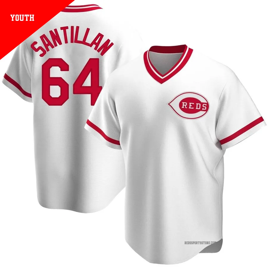 Cincinnati Reds ＃64 Tony Santillan Youth White Replica Home Cooperstown Collection Jersey