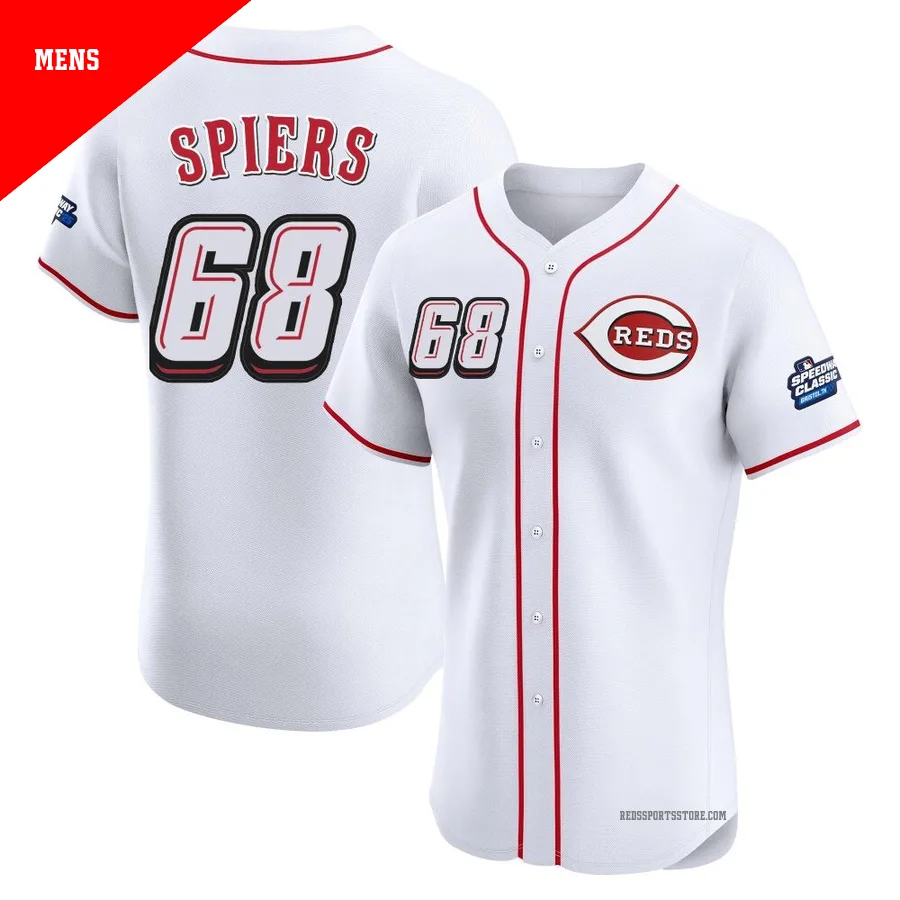 Cincinnati Reds ＃68 Carson Spiers Men's White Elite 2025 Speedway Classic Alternate Jersey
