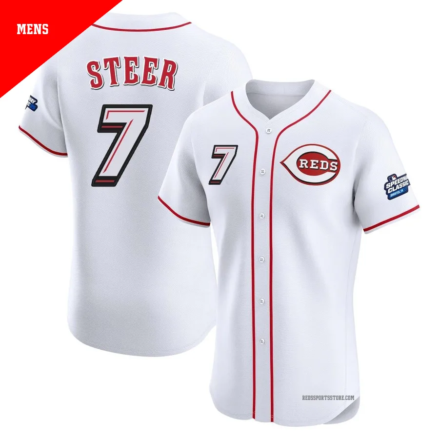 Cincinnati Reds ＃7 Spencer Steer Men's White Elite 2025 Speedway Classic Alternate Jersey