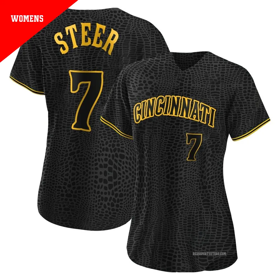 Cincinnati Reds ＃7 Spencer Steer Women's Black Replica Snake Skin City Jersey