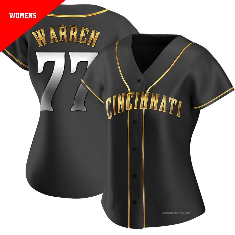 Cincinnati Reds ＃77 Art Warren Women's Gold Replica Black en Alternate Jersey